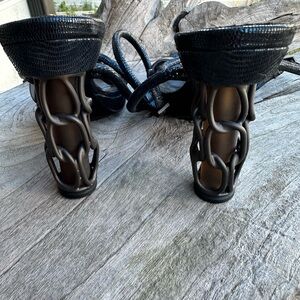 FENDI Metallic Baguette Crisscrossed Straps with chain detail on heels